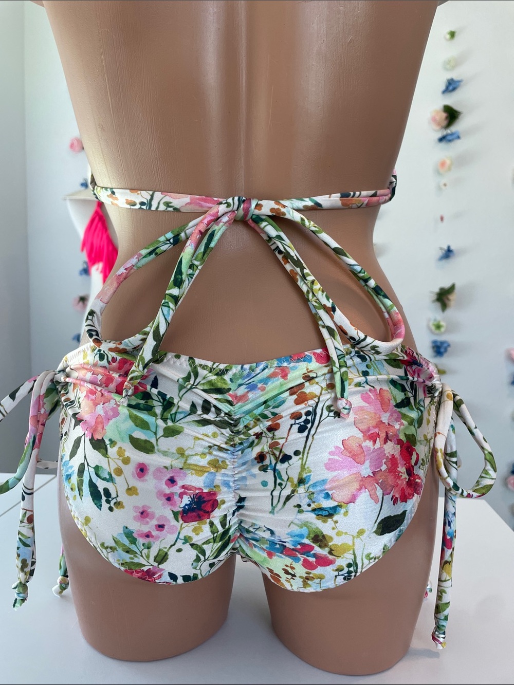 Ruffled Floral Halter One-Piece Swimsuit - Pink & Green - Picture 8 of 17
